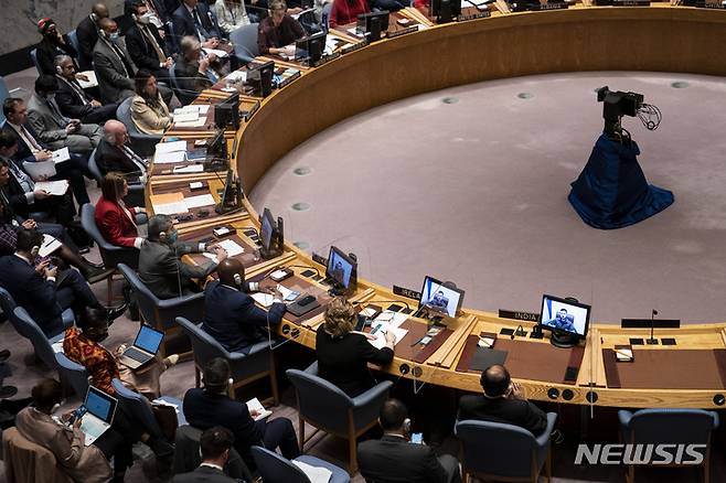 [유엔본부=AP/뉴시스]유엔 안전보장이사회(안보리) 회의 자료사진. 2023.04.01.