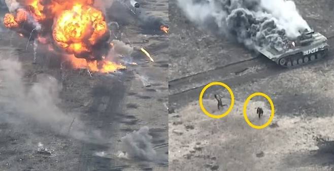 러시아군 탱크 등이 우크라이나 제36해병여단의 재블린 공격으로 파괴됐다.