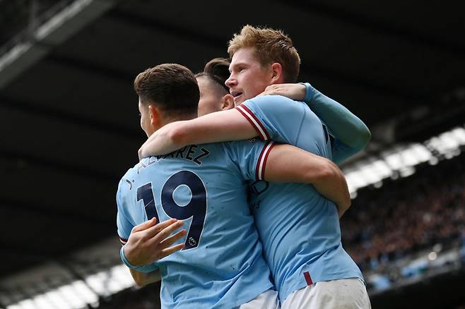 득점 후 세리머니를 펼치는 맨체스터 시티 선수들. Getty Images 코리아