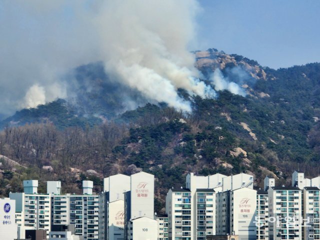 2일 오후 서울 종로구 인왕산에서 산불 화재가 발생해 화염이 번지고 있다. 전영한 기자 scoopjyh@donga.com