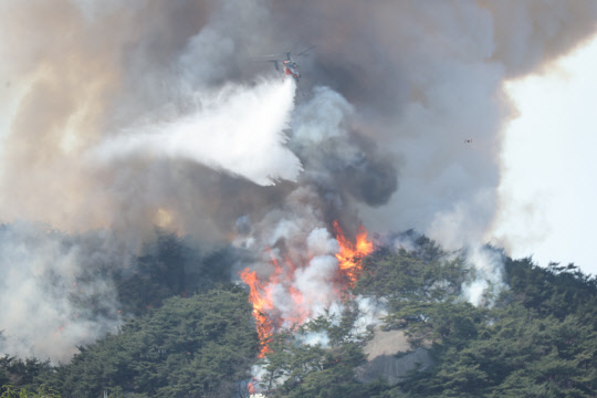 2일 오후 산불이 발생한 서울 종로구 인왕산에서 소방헬기가 진화 작업을 하고 있다. [연합뉴스]
