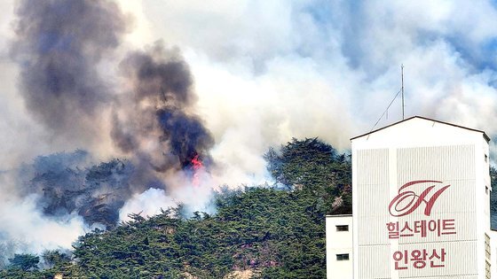 2일 오전 11시 53분 서울 종로구 인왕산에서 화재가 발생해 연기가 치솟고 있다. 뉴스1
