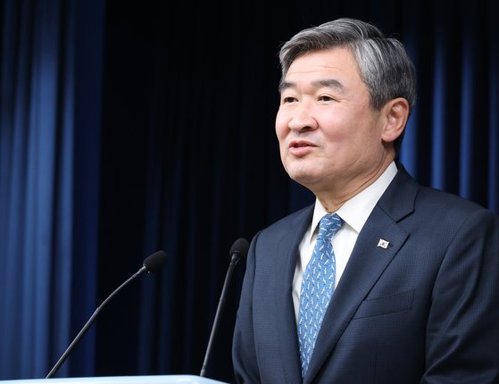 조태용 신임 국가안보실장이 지난달 30일 서울 용산 대통령실 청사 브리핑룸에서 인사말을 하고 있다.