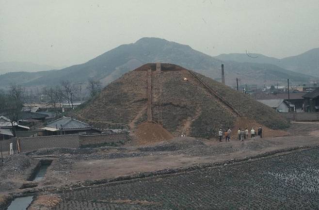 상부 조사 모습  길게 이어진 부분은 토양을 고분 아래로 내리기 위해 드럼통을 반으로 잘라 연결한 것이다. 조사단장이던 고(故) 김정기 박사의 아이디어로 천마총 현장에서 처음 도입됐다고 한다. 사진은 국립경주문화재연구소가 2019년 발간한 '천마총 발굴조사의 기록' 보고서에 실린 내용. [국립경주문화재연구소 제공. 재판매 및 DB 금지]