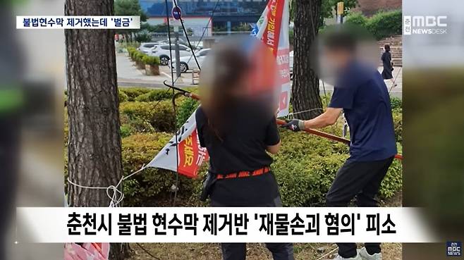 불법 현수막을 제거하는 춘천시 공무원들. (춘천MBC)