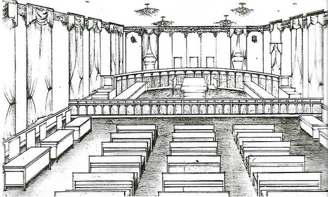 배만실의 작업을 살펴볼 수 있는 대법원 법정 실내 투시도(1978). 최상윤 제공