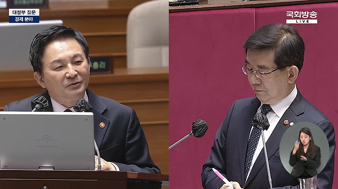 ▲ 4일 국회 대정부질문에 나선 원희룡 국토부 장관(왼쪽)과 정일영 더불어민주당 의원. 사진=국회방송 갈무리
