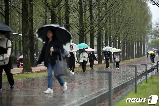 시간당 최대 10㎜ 비가 내린 5일 오전 광주 북구 전남대학교 교정에서 우산을 쓴 학생들이 발걸음을 재촉하고 있다. 2023.4.5/뉴스1 ⓒ News1 정다움 기자