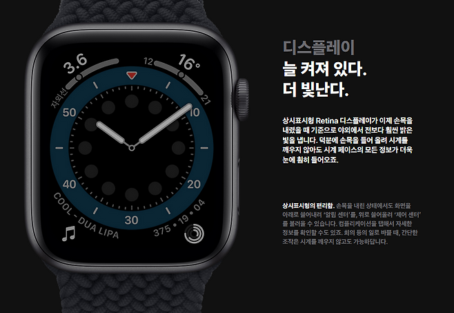 애플워치 '항상 켬' 기능. 사용자의 손목이 내려가 있을 때도 시간 및 기타 정보를 표시할 수 있다. 사진=애플