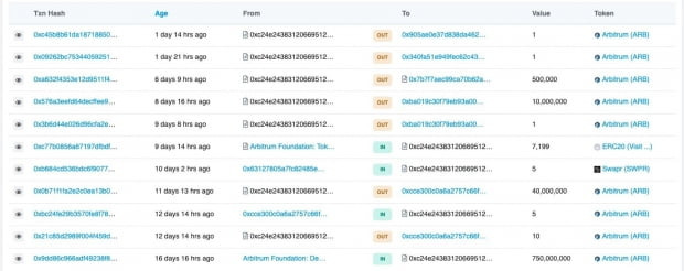 아비트럼 재단 지갑 주소 트랜잭션 / 사진=이더스캔 캡쳐