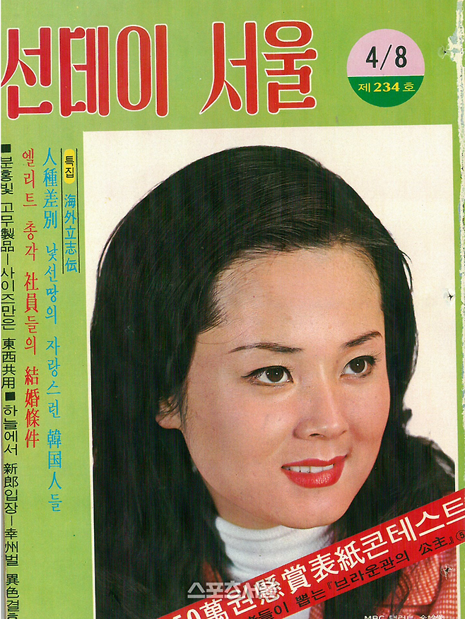 김영애가 표지모델로 나선 1973년4월 선데이서울. 스포츠서울DB