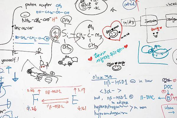 사무실 벽에 걸린 화이트 보드 풍경. 화학 공식이 어지러운 가운데, 둘째 딸의 낙서가 눈에 띈다.
