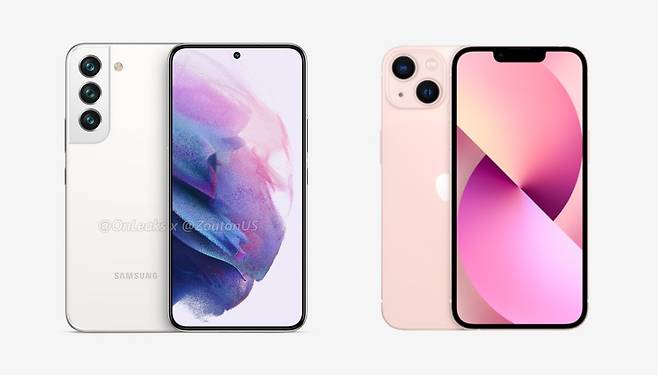 왼쪽 삼성전자 차세대 플래그십 '갤럭시S22' 예상 렌더링, 오른쪽 애플 '아이폰13'. 일러스트=김명선(kms@etnews.com)