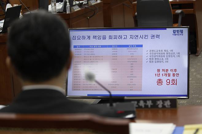 3월9일 국회 교육위원회에 출석한 이주호 사회부총리 겸 교육부 장관이 정순신 전 국가수사본부장 아들의 학폭 관련 자료를 보고 있다. ⓒ시사IN 이명익