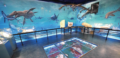 2층 상설전시실에 전시된 수중 공룡 체험실. 김시범기자