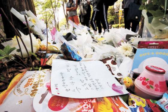 스쿨존에서 인도를 덮친 만취운전자 차량에 배승아(9)양이 숨진 대전 서구 둔산동 인도에 배양을 추모하기 위한 시민들의 발걸음이 이어지고 있다. 연합뉴스