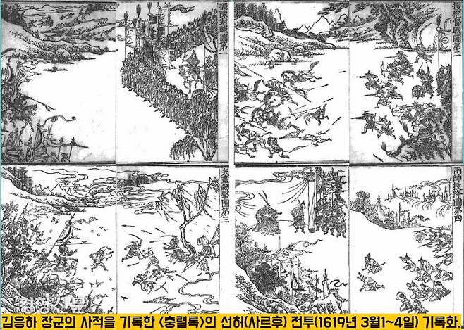 1798년(정조 22)에 편찬된 김응하 장군의 분투를 기록한 <충렬록>. 이 책에는 1619년 3월1~4일 만주 선허(사르후)에서 벌어진 조명연합군과 후금 간 전투의 기록화가 그려져있다. 이 전투에서 명나라군은 궤멸당했다.