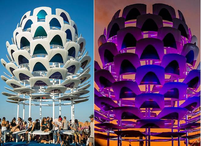 지난달 17~19일 아르헨티나 부에노스아이레스에 있는 산 이시드로 경주장에서 열린 록페스티벌 ‘롤라팔루자 아르헨티나 2023’에서 상징 조형물이 된 ‘카폿’. 이 조형물은 자동차 보닛 95개로 만들었다. [롤라팔루자 아르헨티나 인스타그램·스튜디오 노멀]