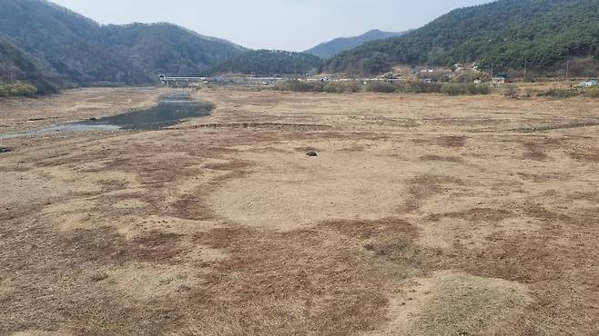 지난 3월 30일 전북 정읍 산내면 능교리에서 바라본 섬진강 상류천 모습. 가뭄으로 상류천 바닥이 드러났고, 작은 지류만이 흐르고 있다. /윤희훈 기자