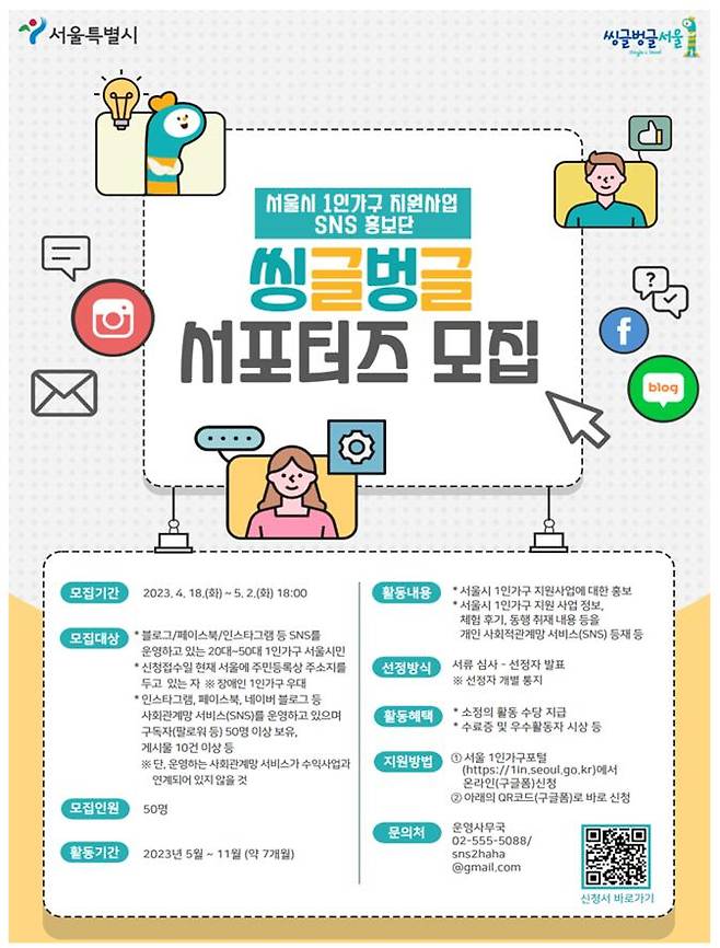 서울시는 1인가구 정책을 1인가구가 직접 체험하고 올리는 사회관계망서비스(SNS) 홍보단 ‘씽글벙글 서포터즈’ 50명을 18일부터 다음달 2일까지 2주간 모집한다. [서울시 제공]