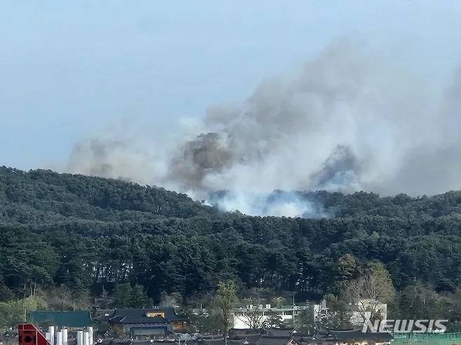 [원주=뉴시스] 김의석 기자 = 11일 오전 8시 22분께 강원 강릉시 난곡동 일원에서 발생한 원인미상의 산불이 강풍을 타고 급속도로 번지고 있다. 현장에는 초속 30m에 달하는 강풍으로 진화헬기가 투입되지 못했다. 2023.04.11. cw32784@newsis.com