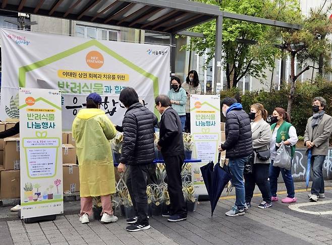 이태원을 방문한 시민들이 반려식물 나눔행사에 참여하고 있다. 서울농협 제공