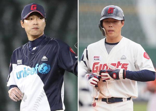 프로야구 롯데 자이언츠의 구승민(왼쪽)과 고승민이 올 시즌 초반 투타에서 맹활약하고 있다. 롯데 자이언츠 제공