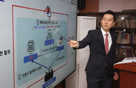 A member of the National Police Agency announces its recent findings on a cyberattack by North Korea that targeted as many as 10 million users last year, at the police precinct in Seodaemun District, western Seoul, on Tuesday. [YONHAP]