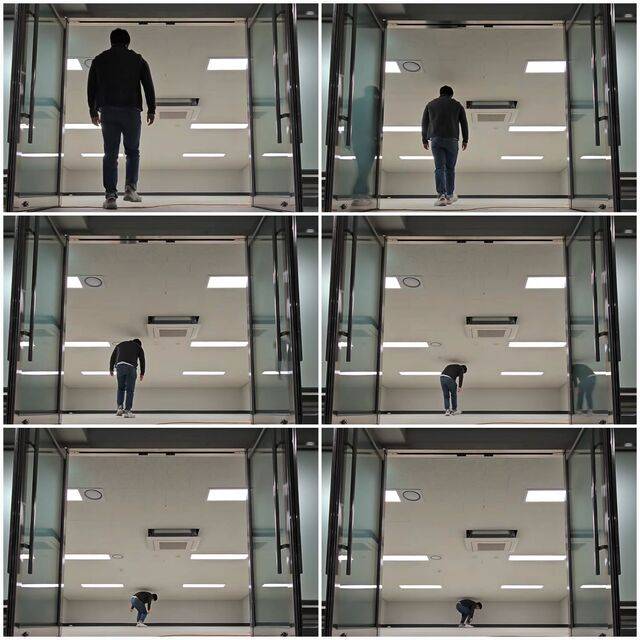 기자가 서울 중구 '힐스테이트 세운 센트럴' 1단지 지하 1층 용역원휴게실로 걸어 들어가는 모습. 천장이 가파르게 경사 진 탓에 안으로 들어갈수록 몸을 웅크려야 했다. 한명오 기자