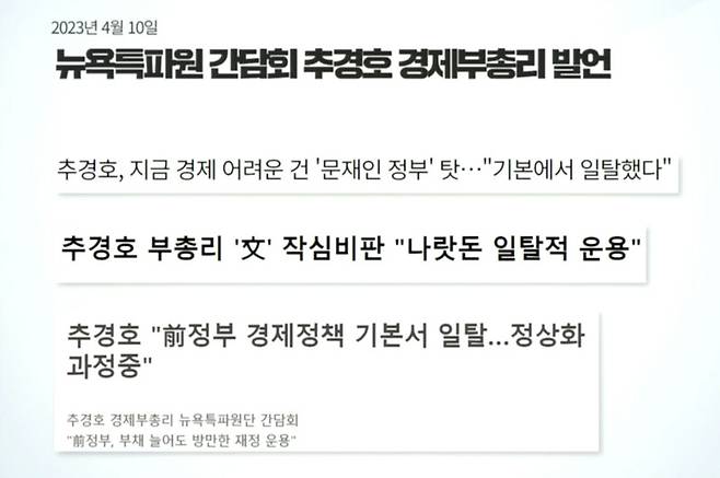 ▲홍영표 의원이 스크린에 띄운 전 정권 탓 관련 기사들. 사진=국회 의사중계시스템 영상 갈무리
