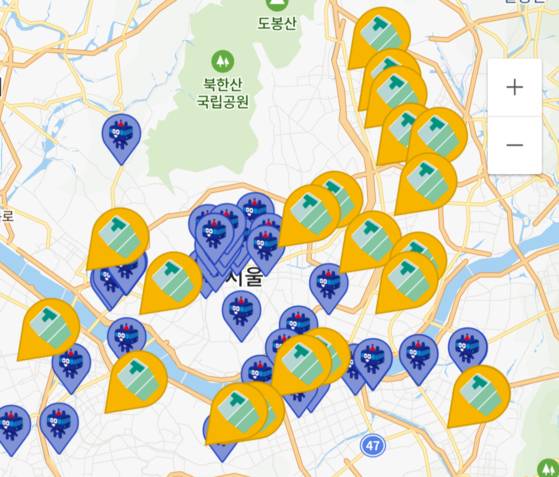 서울 지하철 안 개인형 창고 설치 현황. 노란색이 창고 설치 지점이다. 〈사진 = T-locker 앱 캡처〉