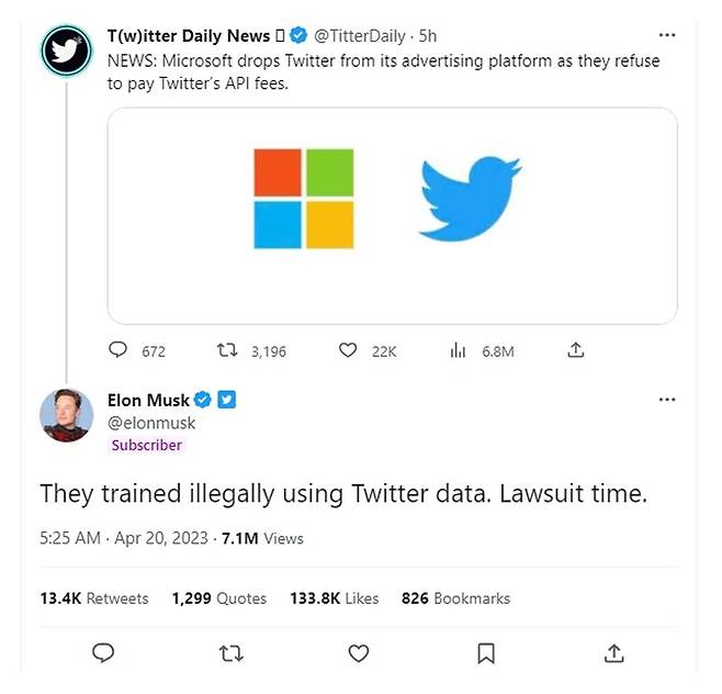 일론 머스크 테슬라 최고경영자가 마이크로소프트를 향해 "그들은 불법으로 트위터 데이터를 이용하고 있다. 소송 시간"이라고 경고했다. /트위터 캡처