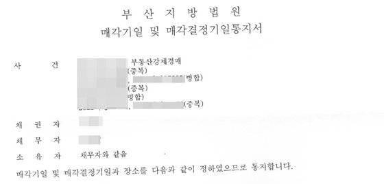 60여억원의 근저당이 잡힌 B씨 건물을 경매에 넘긴다는 내용의 법원 통지서. 사진 피해 세입자