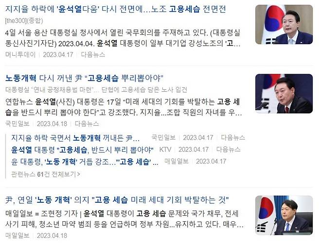 ▲4월 17~18일 다음뉴스 윤석열, 노동개혁, 고용세습 관련 보도 갈무리