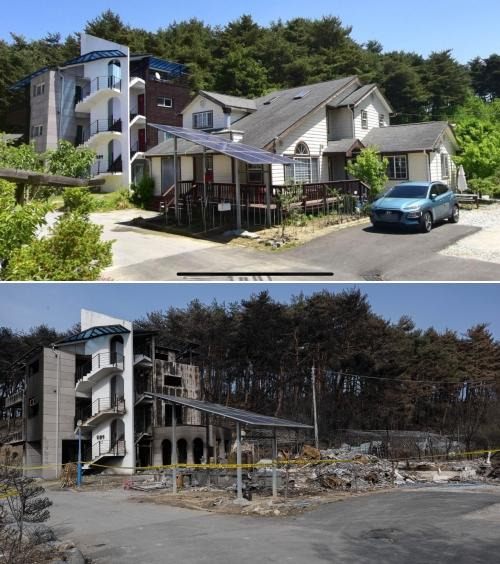 산불이 발생하기 약 2년 전인 2021년 5월 지도 앱에 기록된 저동 펜션단지(위)와 지난 19일에 촬영한 모습을 비교했다. 네이버 거리뷰·강릉=하상윤 기자