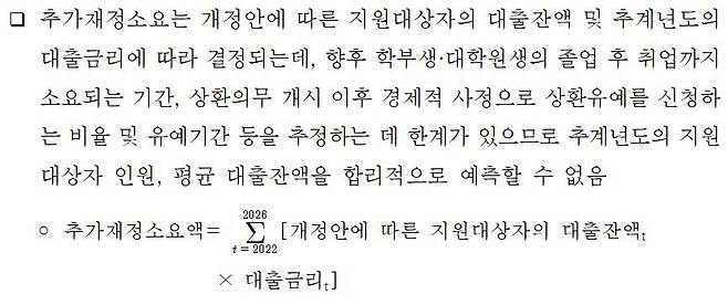 국회 예산정책처가 김민석 더불어민주당 의원의 '취업 후 학자금 상환 특별법' 개정안에 대해 작성한 비용추계서 미첨부 사유서.