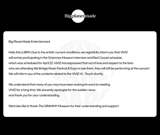 Statement released by Big Planet Made on Saturday [SCREEN CAPTURE]