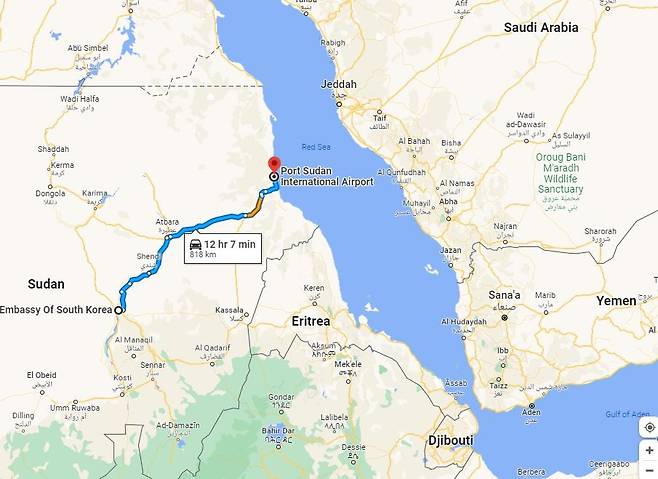 수단 수도 하르툼에서 포트 수단까지 육상 이동 경로. [구글맵 캡처. 재판매 및 DB 금지]
