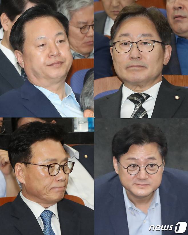 김두관(왼쪽 시계방향으로), 박범계, 홍익표, 박광온 더불어민주당 차기 원내대표 후보가 지난 20일 오후 서울 여의도 국회에서 열린 의원총회에 자리하고 있다./사진=뉴스1