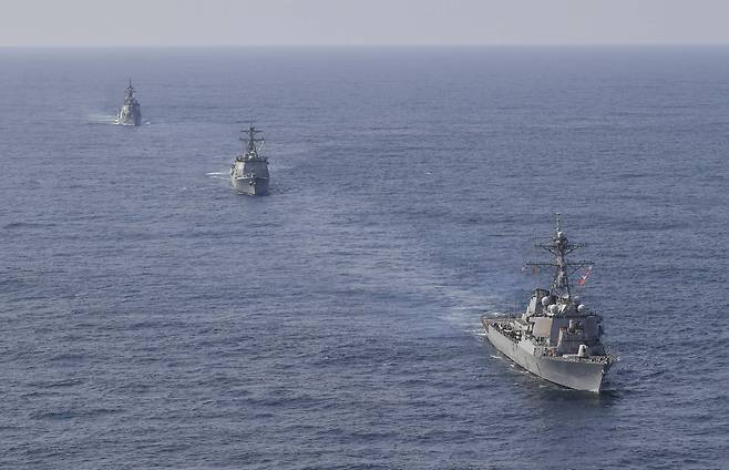 The navies of South Korea and the United States along with Japan's Maritime Self-Defense Force conduct a ballistic missile exercise -- which includes detecting, tracking and intercepting simulated targets -- in international waters of the East Sea on April 17. (Republic of Korea Navy)