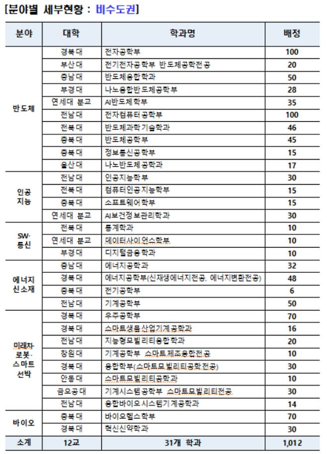 분야별 세부현황(비수도권). 교육부 제공