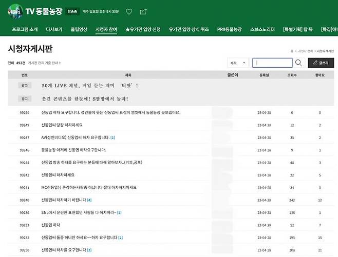 SBS TV 예능프로그램 'TV 동물농장' 시청자 게시판에는 신동엽의 하차를 요구하는 글이 쏟아졌으며 지난 26~27일 2일 동안 300여건의 하차 관련 글이 게재됐다. [사진출처=SBS 동물농장]