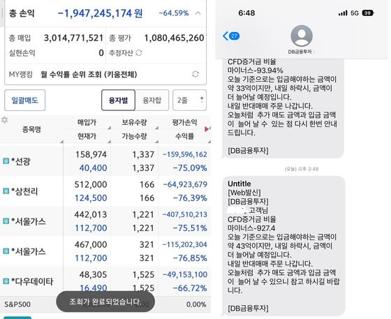 인터넷 커뮤니티에 올라온 이번 하한가 사태에 대한 손실 내역. 커뮤니티 캡처