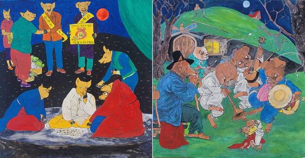 ‘동물농장’ 속에서 권력을 장악한 돼지들은 동물들에게 평등·평안하고 안락한 삶을 누리는 새 세상을 제공하겠다고 큰소리친다(왼쪽 그림). 하지만 인간화한 돼지들은 나머지 동물들을 착취하고 그 위에 군림한다(오른쪽 그림). 화가 서태웅의 연작 그림 중 일부.