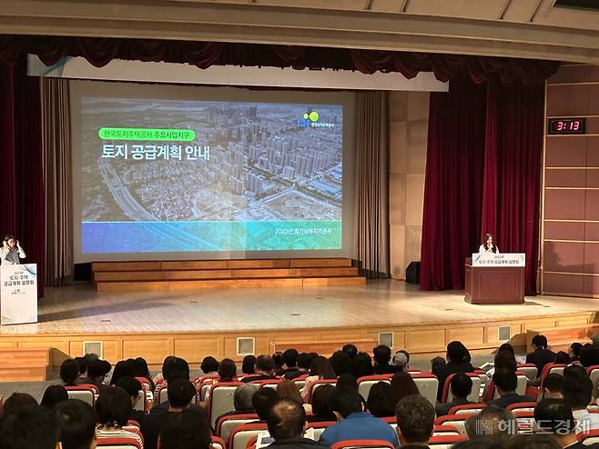 지난 20일 경기 성남시 분당구 한국토지주택공사(LH) 경기남부지역본부 1층 대강당에서 열린 ‘2023년 토지·주택 공급계획 설명회’에서 LH 관계자가 토지 공급계획에 대해 설명하고 있다. 신혜원 기자