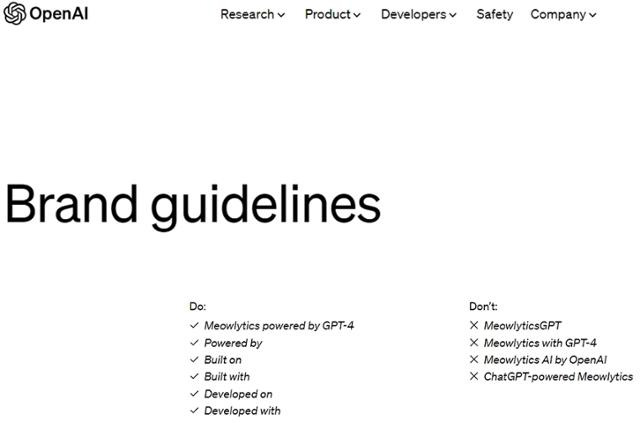 오픈AI는 지난 24일(현지시간) 자사 홈페이지에 ‘GPT’와 관련된 브랜드 가이드라인을 공지했다. 오픈AI 홈페이지 캡처
