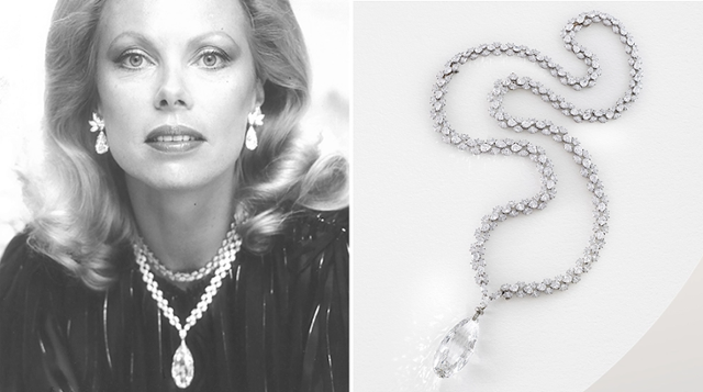 젊은 시절 하이디 호르텐(왼쪽 사진)이 90캐럿 다이아몬드로 만들어진 목걸이 '인도의 브리오레트'(오른쪽 사진)를 착용하고 있는 모습. 이 보석의 가치는 약 780만 달러로 추정된다. 경매사 '크리스티스' 홈페이지 캡처