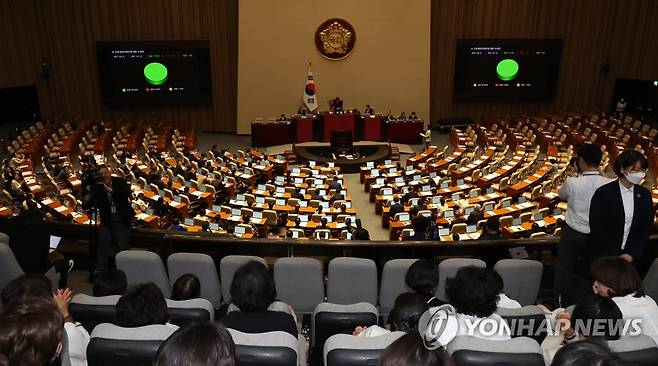 간호법, 국회 본회의 통과 (서울=연합뉴스) 한상균 기자 = 27일 국회 본회의에서 간호법 표결 내용이 나오고 있다. 2023.4.27 xyz@yna.co.kr