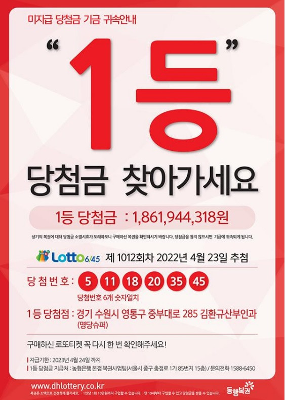 2일 동행복권에 따르면 지난해 4월 23일 추첨한 1012회차 로또 1등 대박 당첨자 13명 중 1명이 당첨금 18억6194만 원을 당첨금 지급기한 만료를 코앞에 두고 찾아갔다. /동행복권