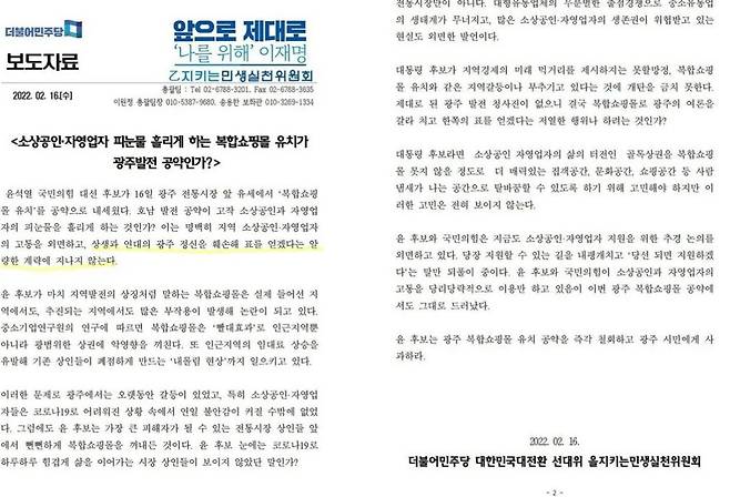 더불어민주당이 2022년 2월 광주광역시에 대기업 복합쇼핑몰 유치에 반대하면서 내놓은 보도자료/인터넷 캡처